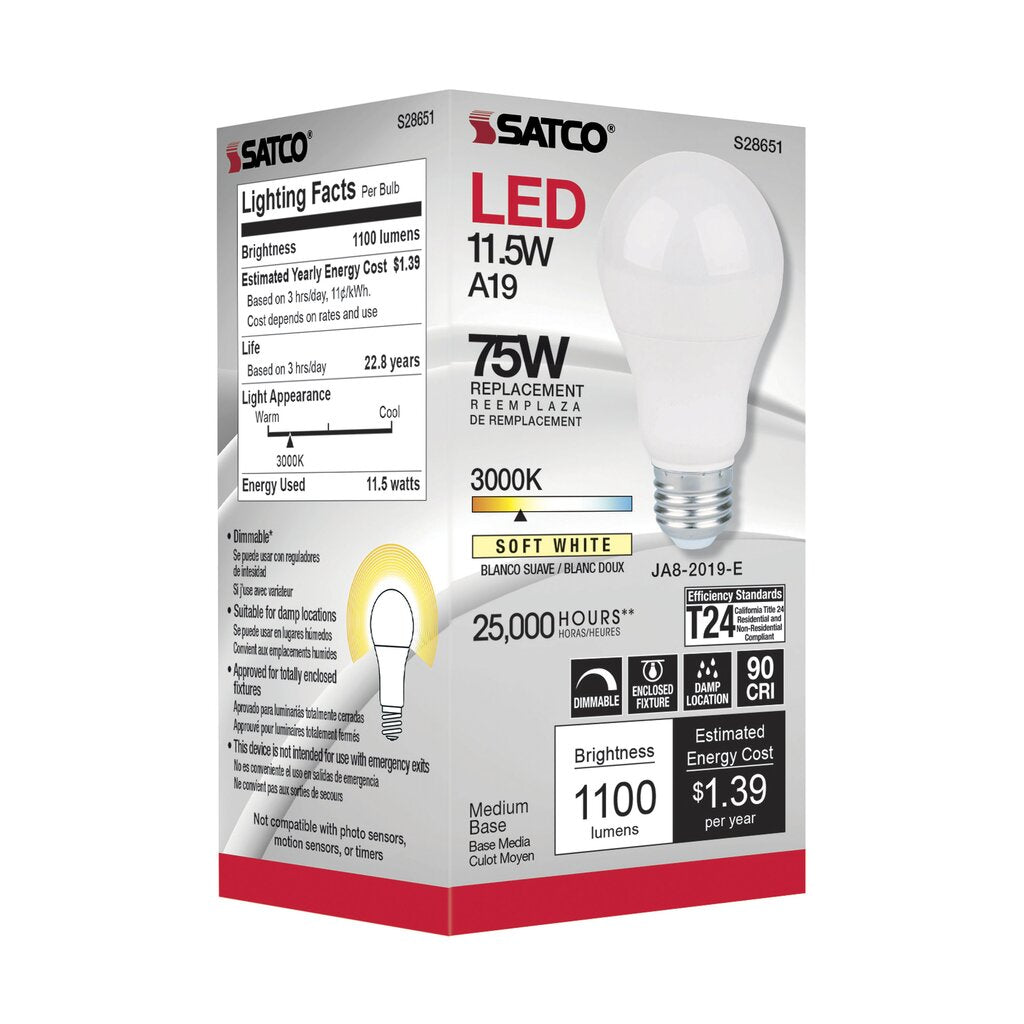 6 pack - Satco S28651 11.5W A19 LED Light Bulb