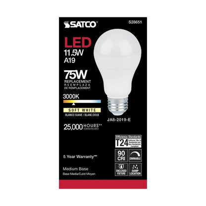 6 pack - Satco S28651 11.5W A19 LED Light Bulb
