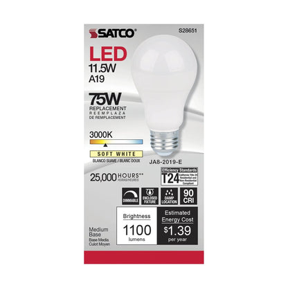 6 pack - Satco S28651 11.5W A19 LED Light Bulb