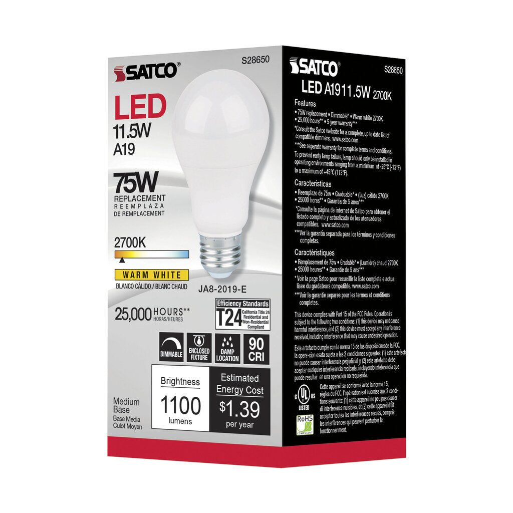 6 pack - Satco S28650 11.5W A19 LED Light Bulb
