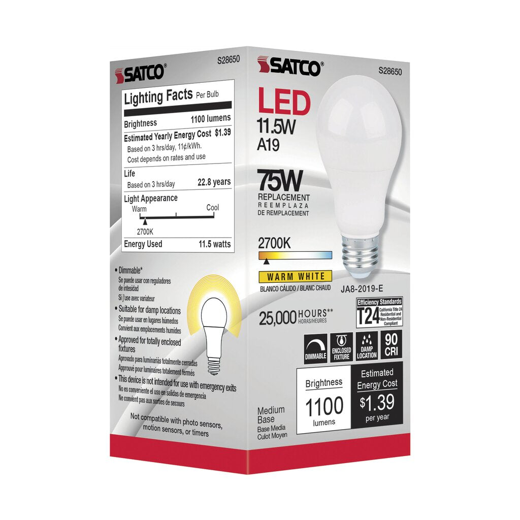 6 pack - Satco S28650 11.5W A19 LED Light Bulb