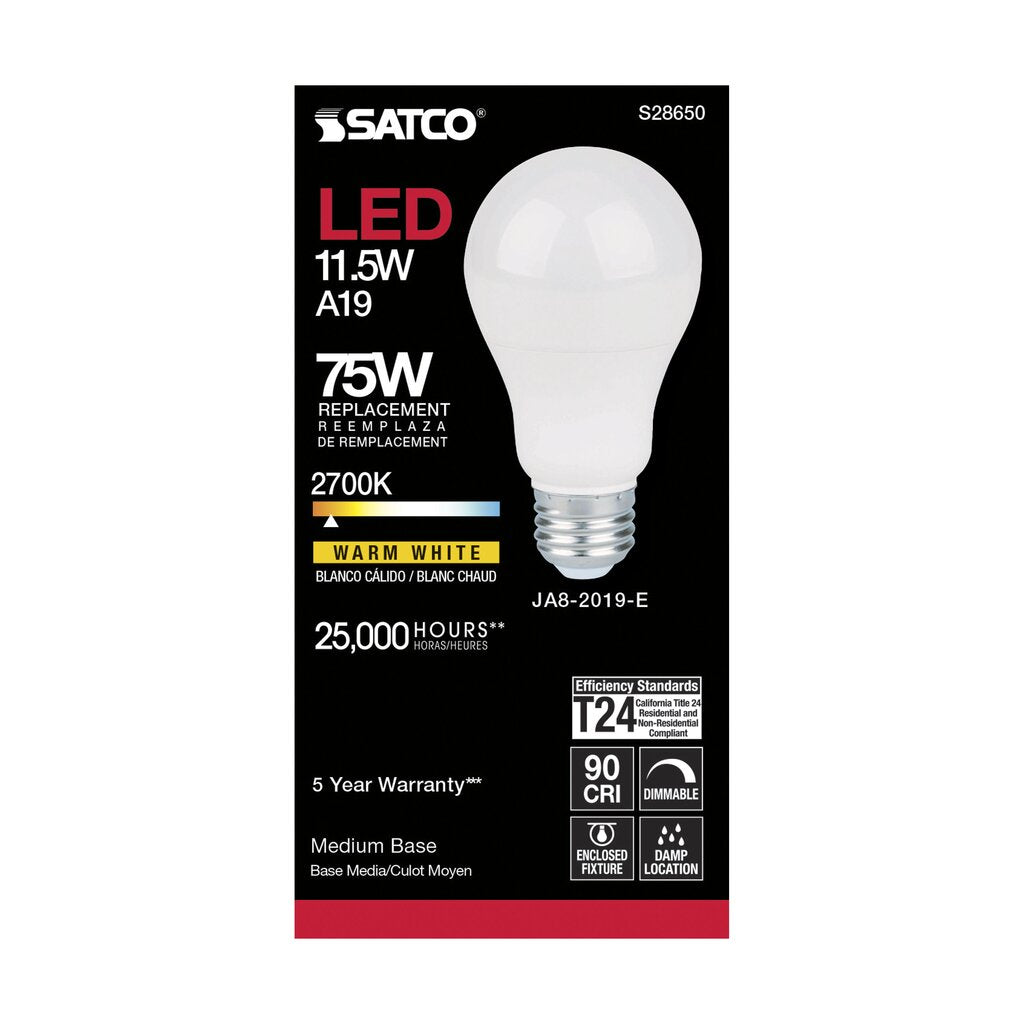 6 pack - Satco S28650 11.5W A19 LED Light Bulb
