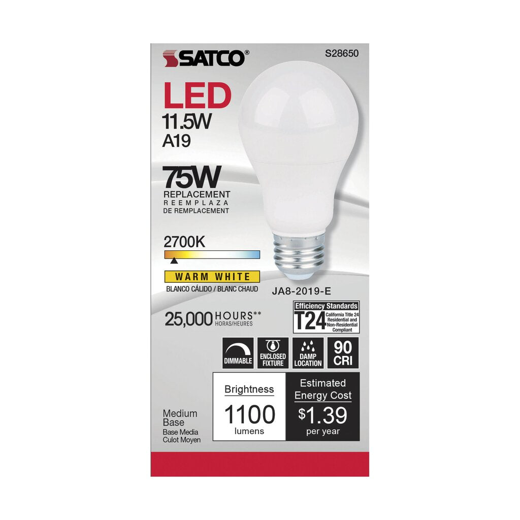 6 pack - Satco S28650 11.5W A19 LED Light Bulb