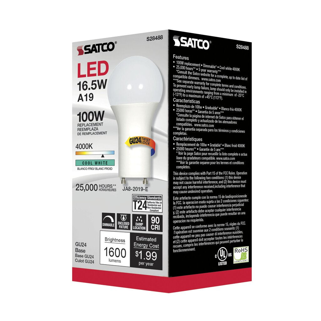 6 pack - Satco S28488 16.5W A19 LED Light Bulb
