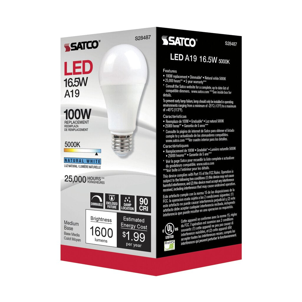 6 pack - Satco S28487 16.5W A19 LED Light Bulb