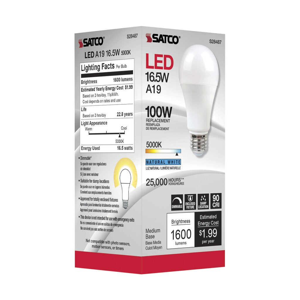 6 pack - Satco S28487 16.5W A19 LED Light Bulb