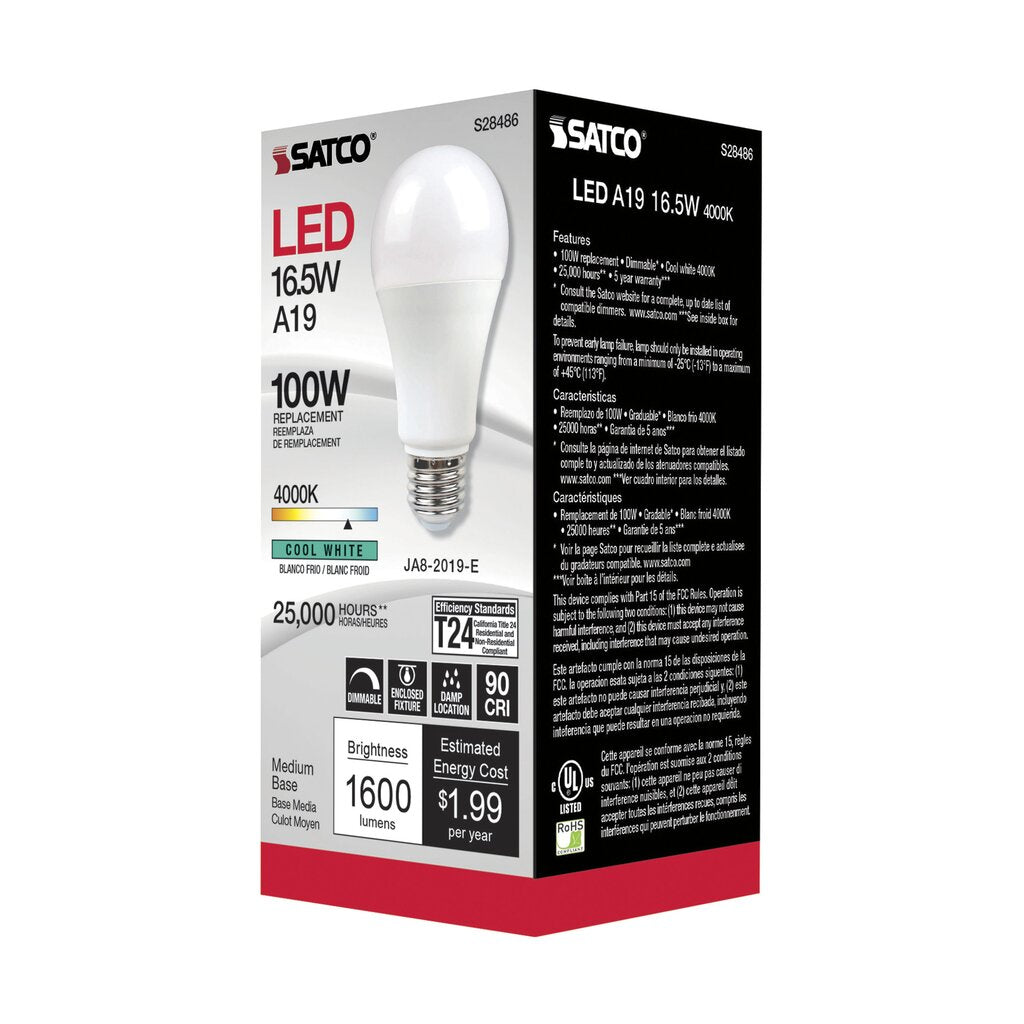 6 pack - Satco S28486 16.5W A19 LED Light Bulb