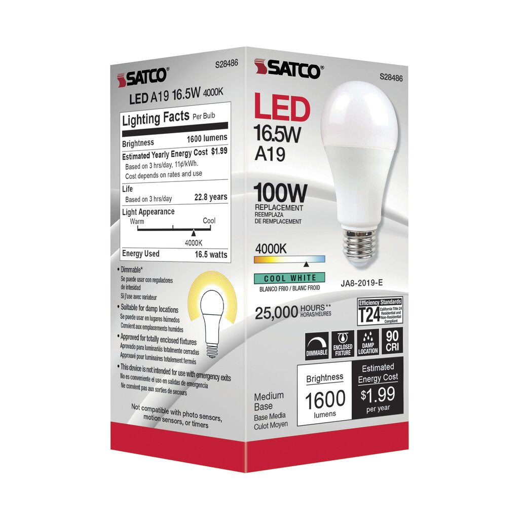 6 pack - Satco S28486 16.5W A19 LED Light Bulb