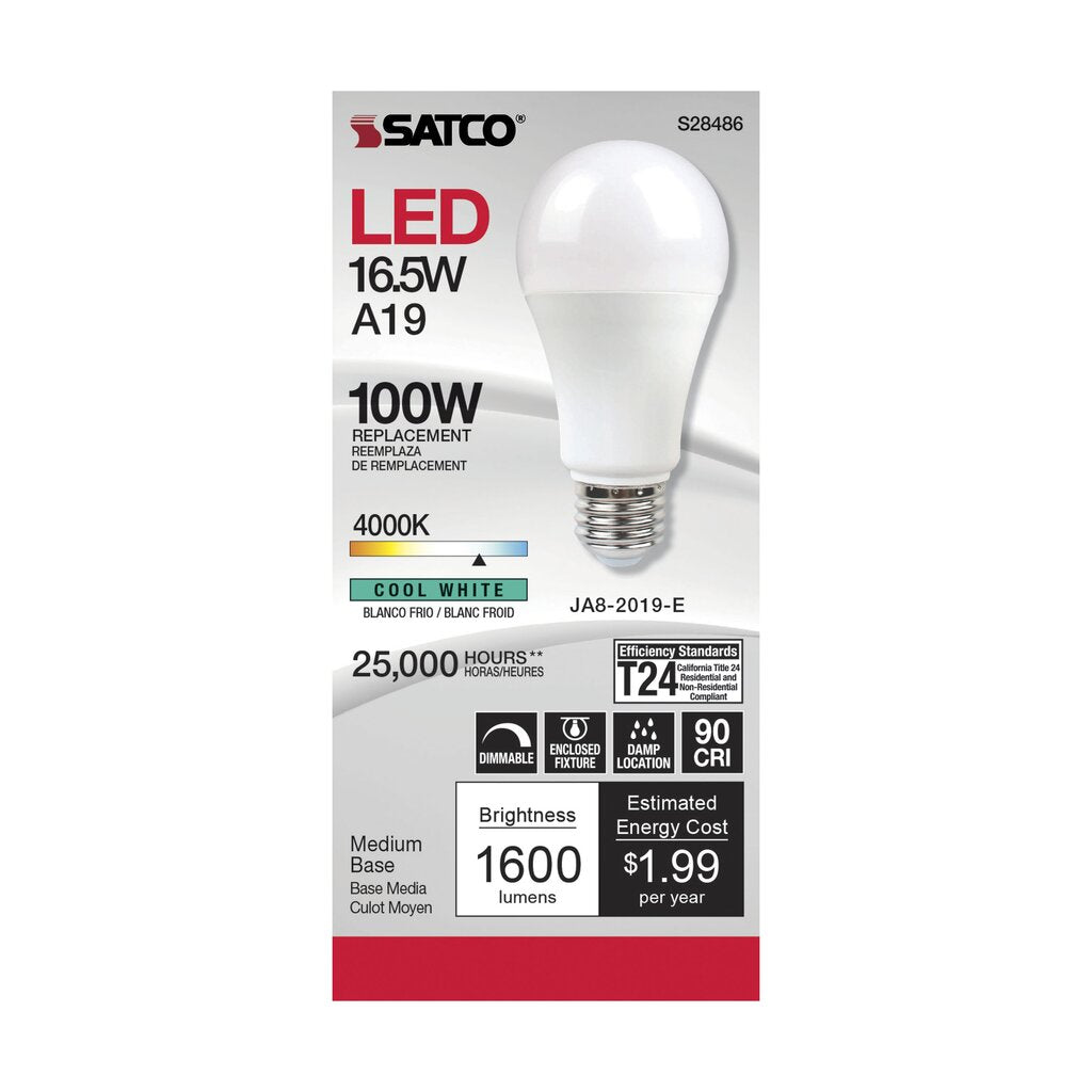 6 pack - Satco S28486 16.5W A19 LED Light Bulb