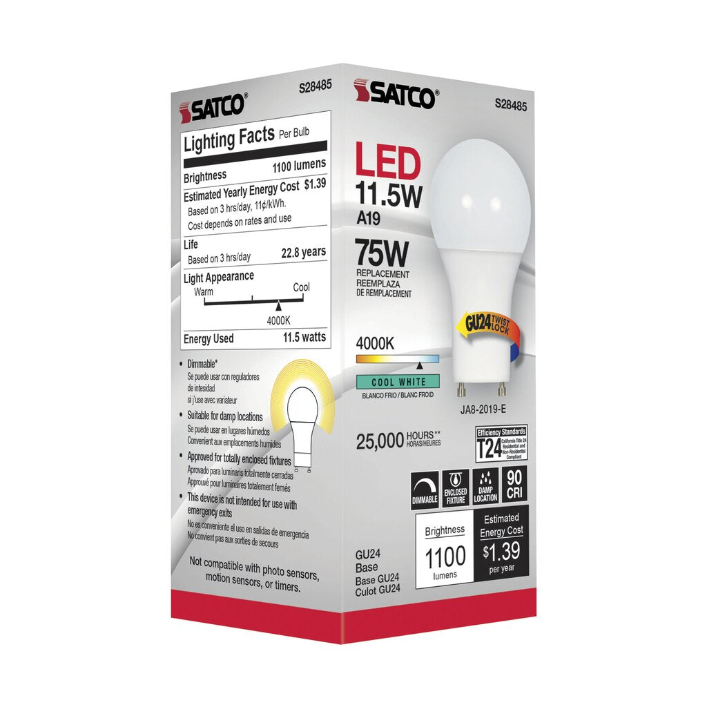 6 pack - Satco S28485 11.5W A19 LED Light Bulb