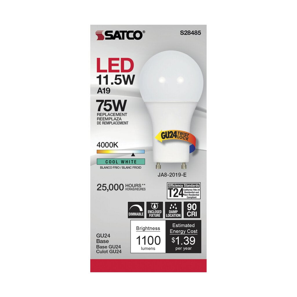 6 pack - Satco S28485 11.5W A19 LED Light Bulb