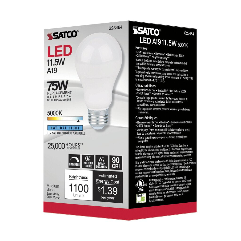 6 pack - Satco S28484 11.5W A19 LED Light Bulb