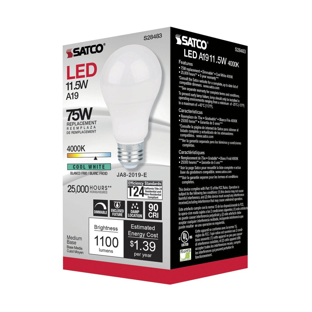 6 pack - Satco S28483 11.5W A19 LED Light Bulb