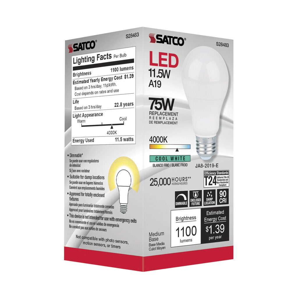 6 pack - Satco S28483 11.5W A19 LED Light Bulb