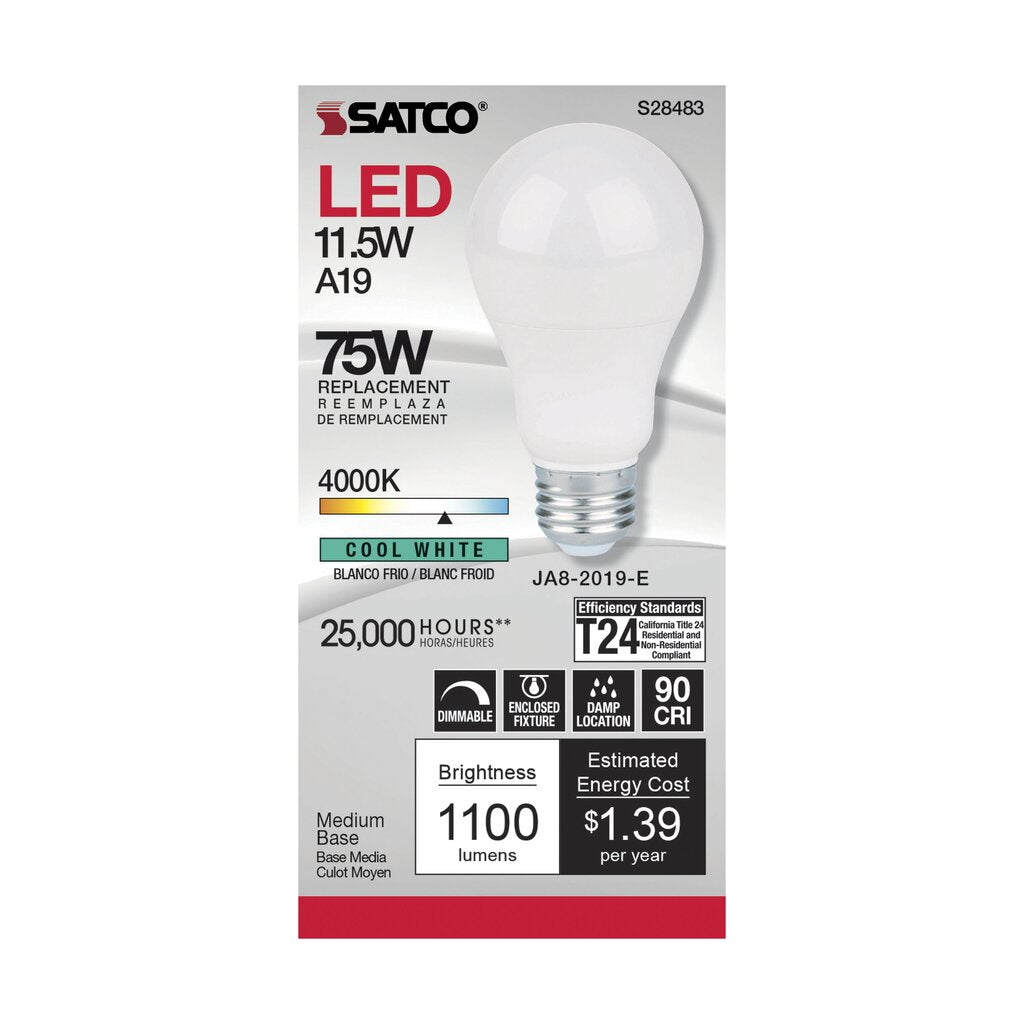 6 pack - Satco S28483 11.5W A19 LED Light Bulb