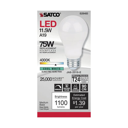 6 pack - Satco S28483 11.5W A19 LED Light Bulb