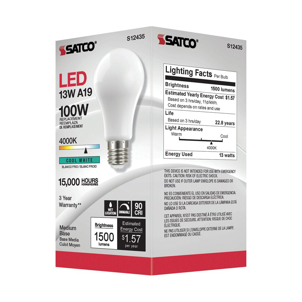 6 pack - Satco S12435 13.5W A19 LED Light Bulb