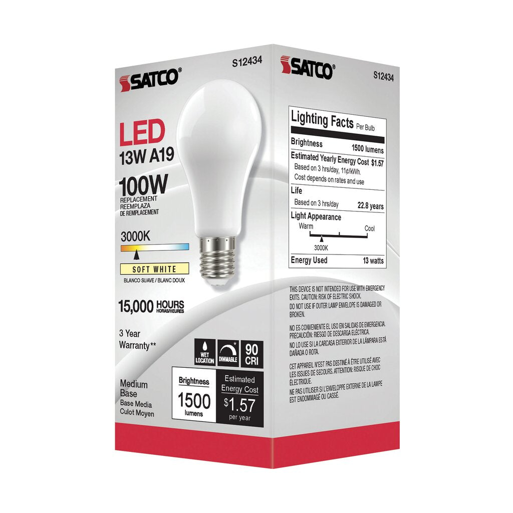 6 pack - Satco S12434 13.5W A19 LED Light Bulb