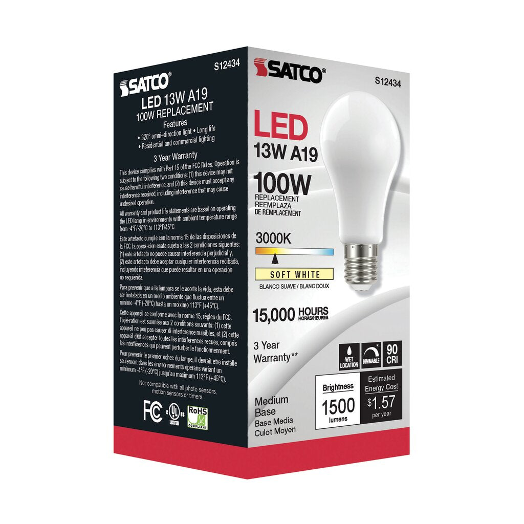 6 pack - Satco S12434 13.5W A19 LED Light Bulb