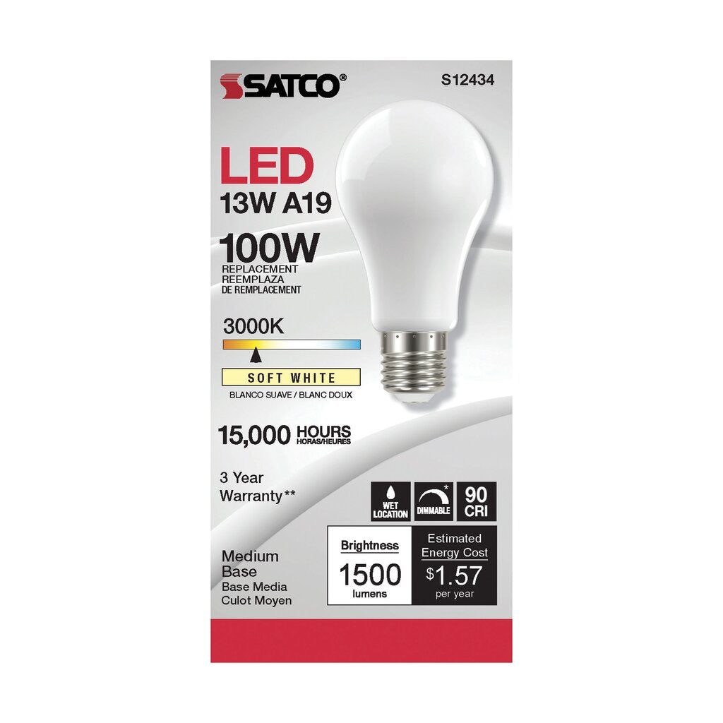 6 pack - Satco S12434 13.5W A19 LED Light Bulb