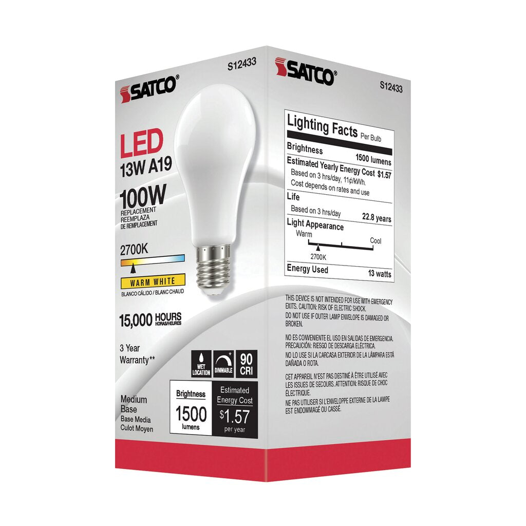 6 pack - Satco S12433 13.5W A19 Warm White LED Light Bulb