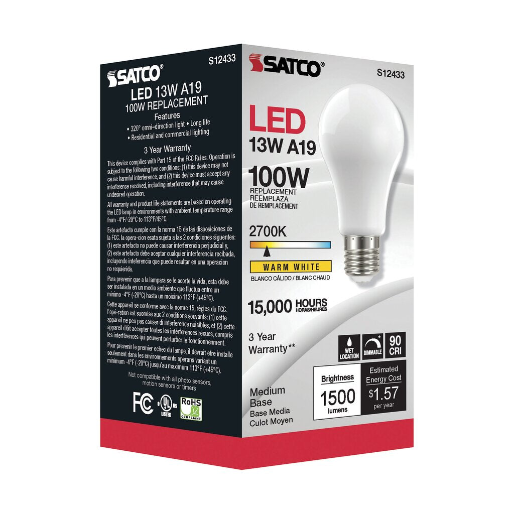 6 pack - Satco S12433 13.5W A19 Warm White LED Light Bulb