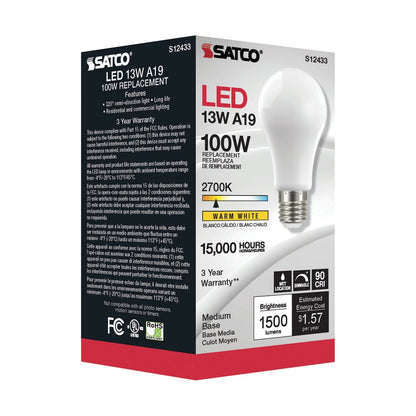6 pack - Satco S12433 13.5W A19 Warm White LED Light Bulb