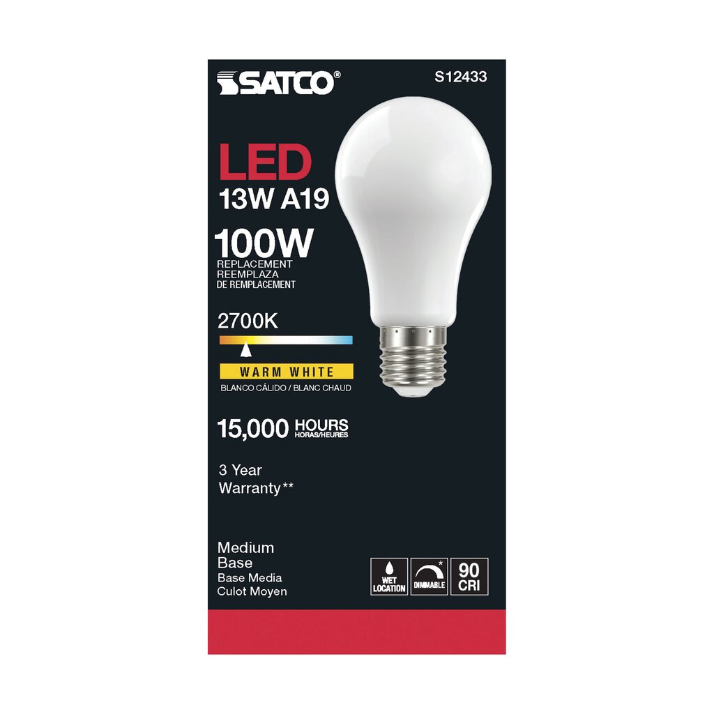 6 pack - Satco S12433 13.5W A19 Warm White LED Light Bulb