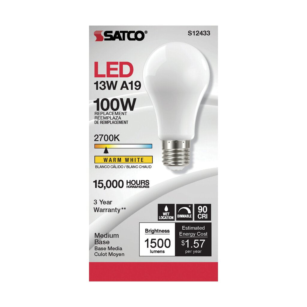 6 pack - Satco S12433 13.5W A19 Warm White LED Light Bulb