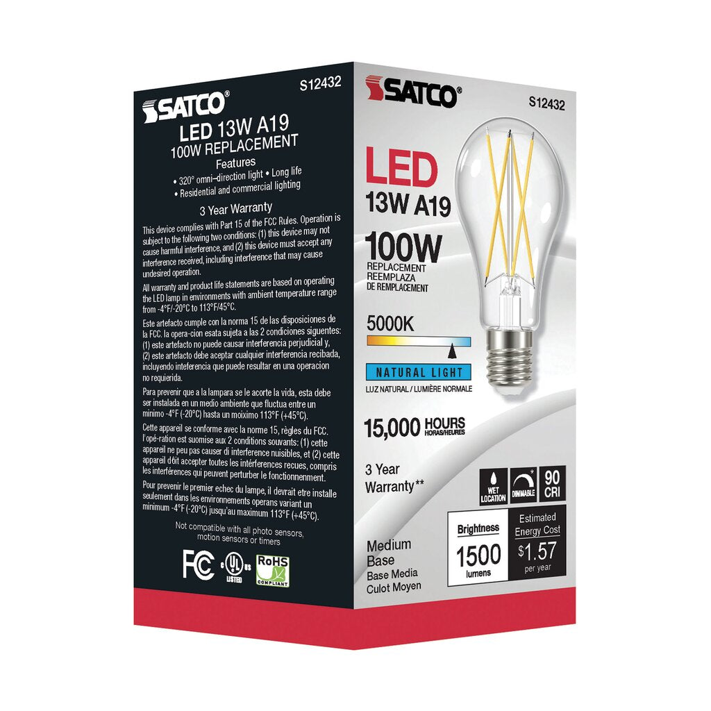 6 pack - Satco S12432 12.5W A19 LED Light Bulb