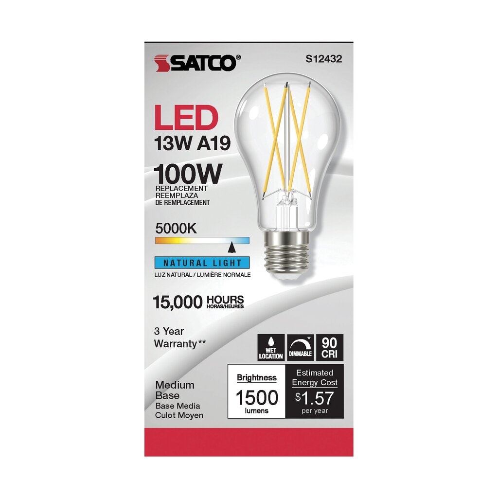 6 pack - Satco S12432 12.5W A19 LED Light Bulb