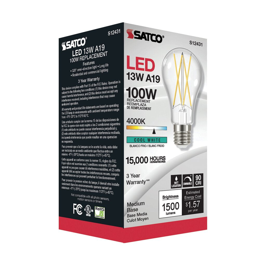 6 pack - Satco S12431 12.5W A19 LED Light Bulb