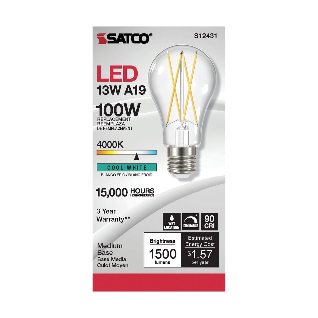 6 pack - Satco S12431 12.5W A19 LED Light Bulb