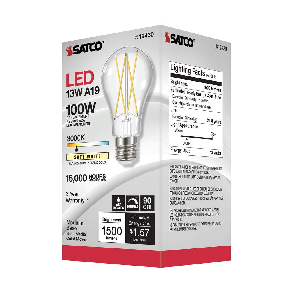 6 pack - Satco S12430 12.5W A19 LED Light Bulb