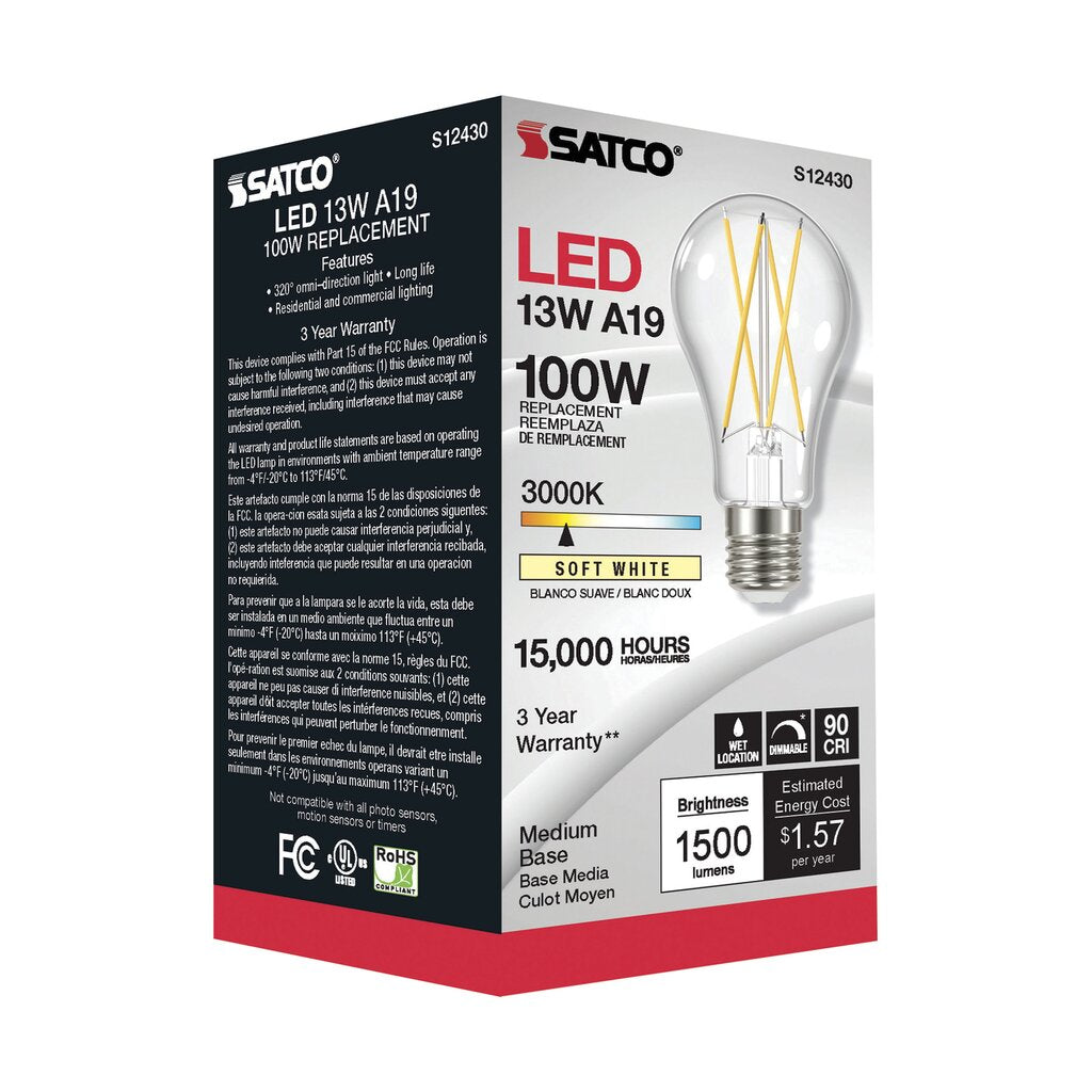 6 pack - Satco S12430 12.5W A19 LED Light Bulb