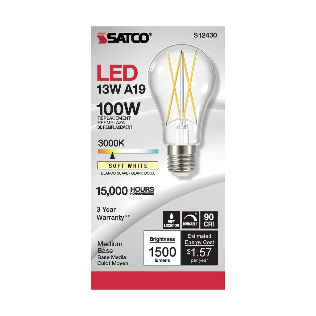 6 pack - Satco S12430 12.5W A19 LED Light Bulb