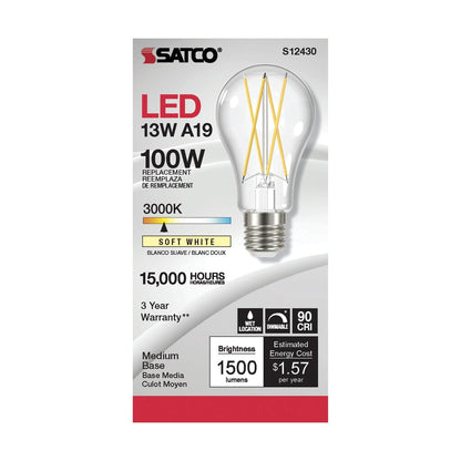 6 pack - Satco S12430 12.5W A19 LED Light Bulb