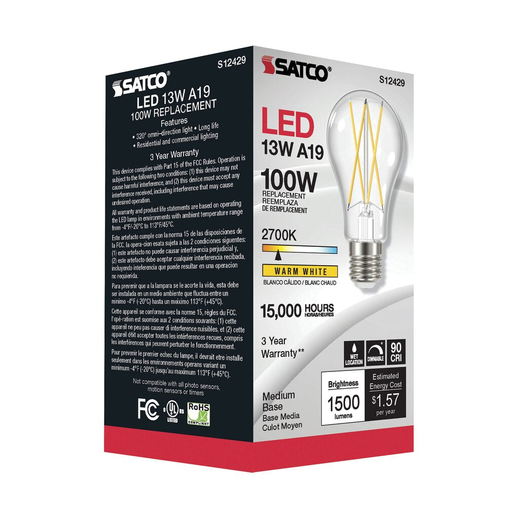 6 pack - Satco S12429 12.5W A19 Warm White LED Light Bulb