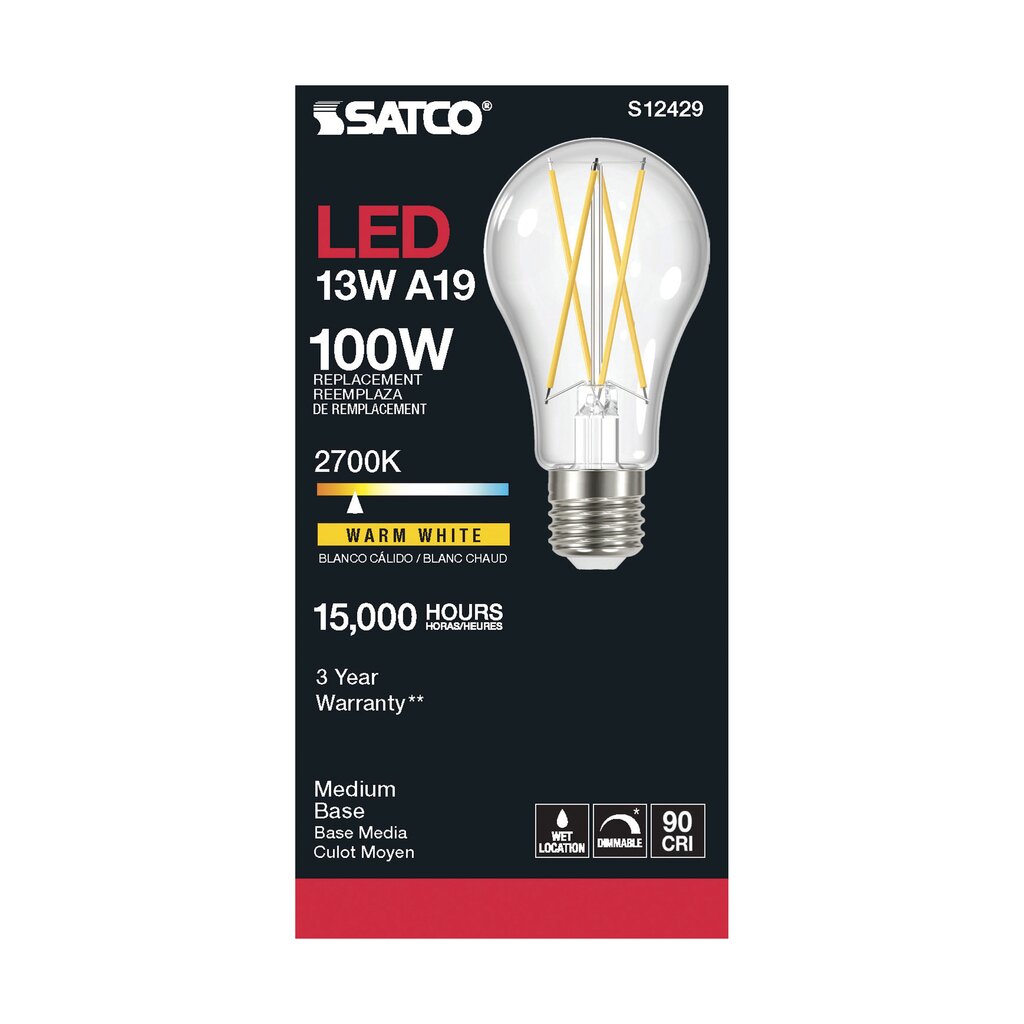 6 pack - Satco S12429 12.5W A19 Warm White LED Light Bulb