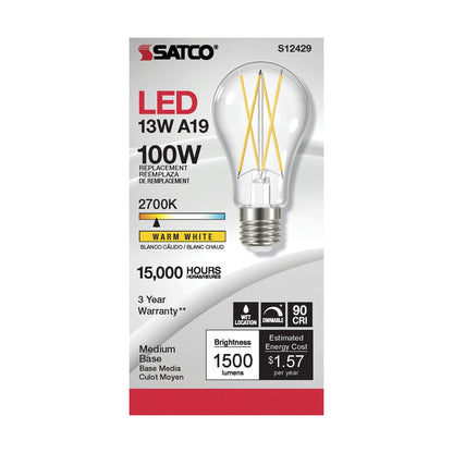 6 pack - Satco S12429 12.5W A19 Warm White LED Light Bulb