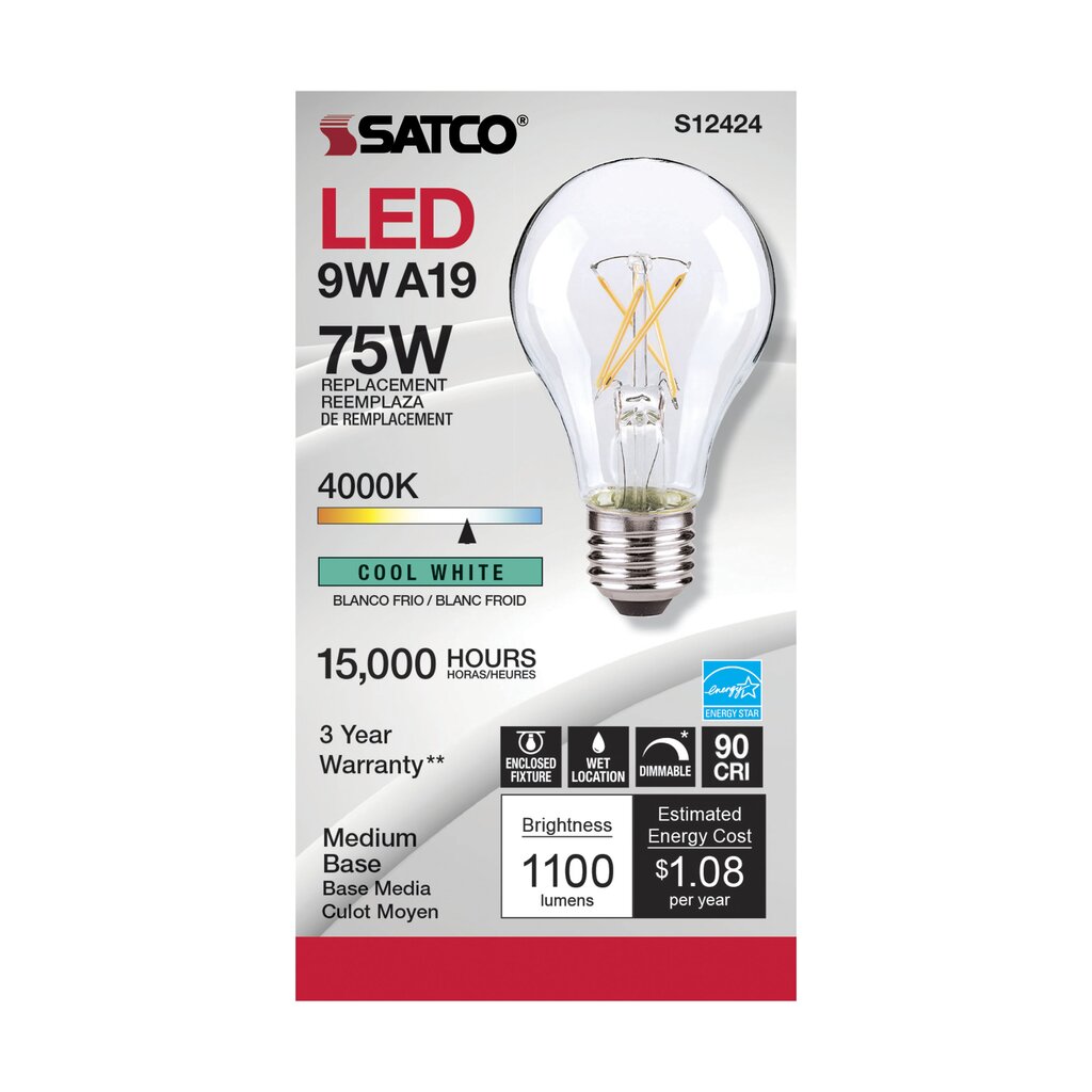 6 pack - Satco S12424 10.5W A19 LED Light Bulb
