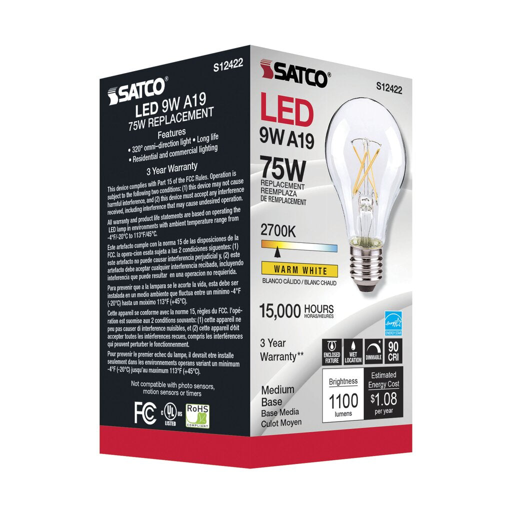 6 pack - Satco S12422 10.5W A19 Warm White LED Light Bulb