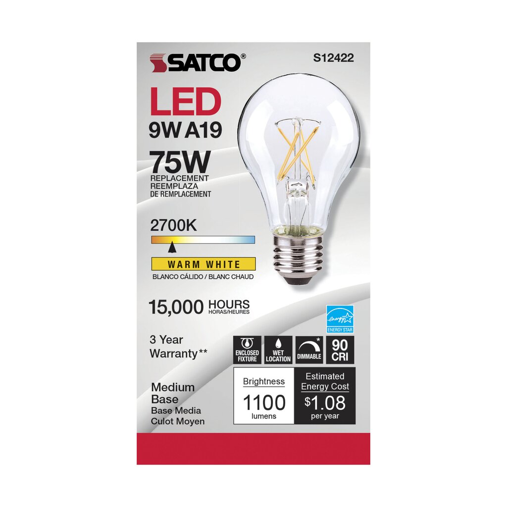 6 pack - Satco S12422 10.5W A19 Warm White LED Light Bulb