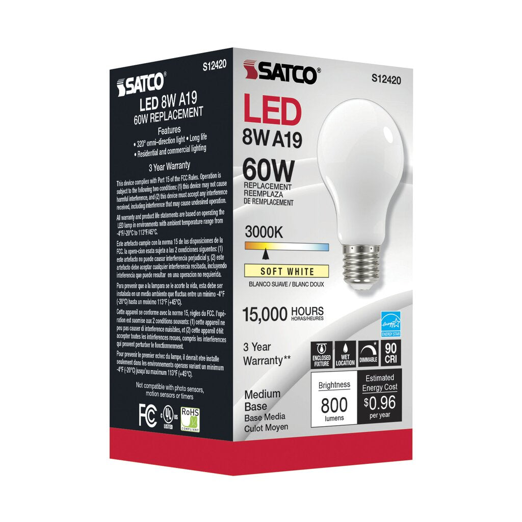 6 pack - Satco S12420 8.2W A19 LED Light Bulb