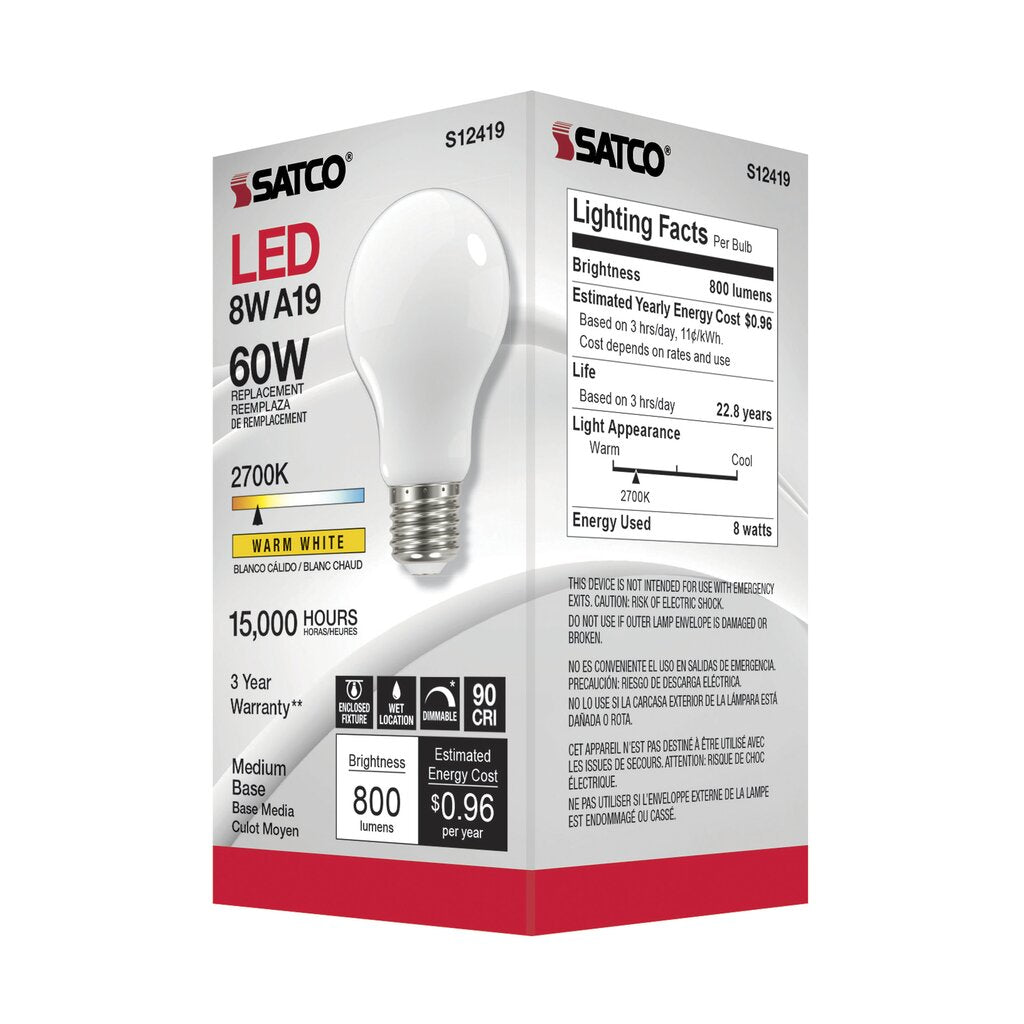 6 pack - Satco S12419 8.2W A19 LED Light Bulb