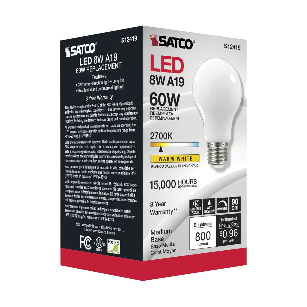 6 pack - Satco S12419 8.2W A19 LED Light Bulb