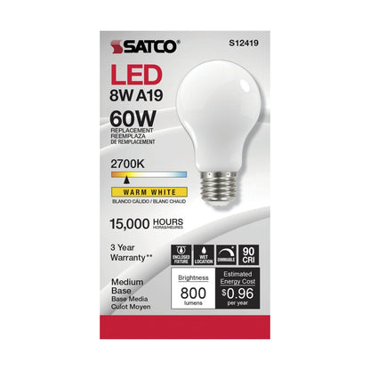 6 pack - Satco S12419 8.2W A19 LED Light Bulb