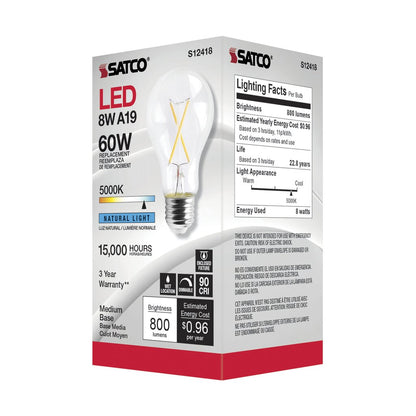 6 pack - Satco S12418 8W A19 5000K LED Light Bulb