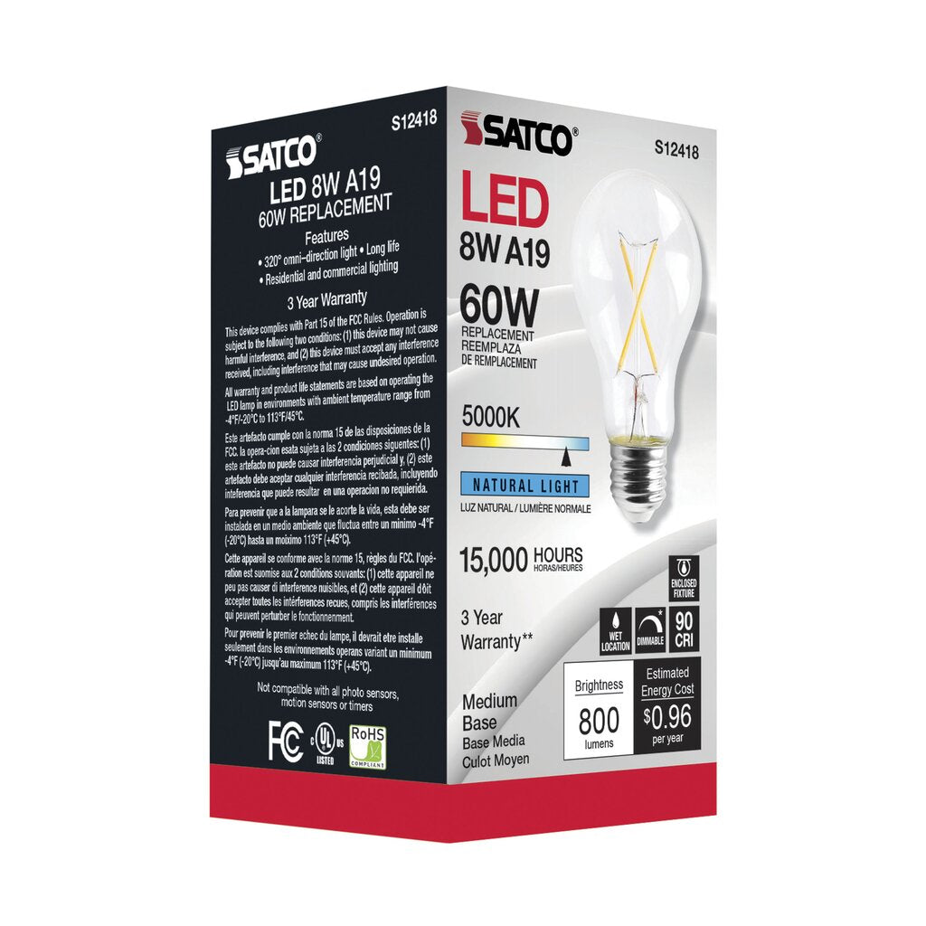 6 pack - Satco S12418 8W A19 5000K LED Light Bulb