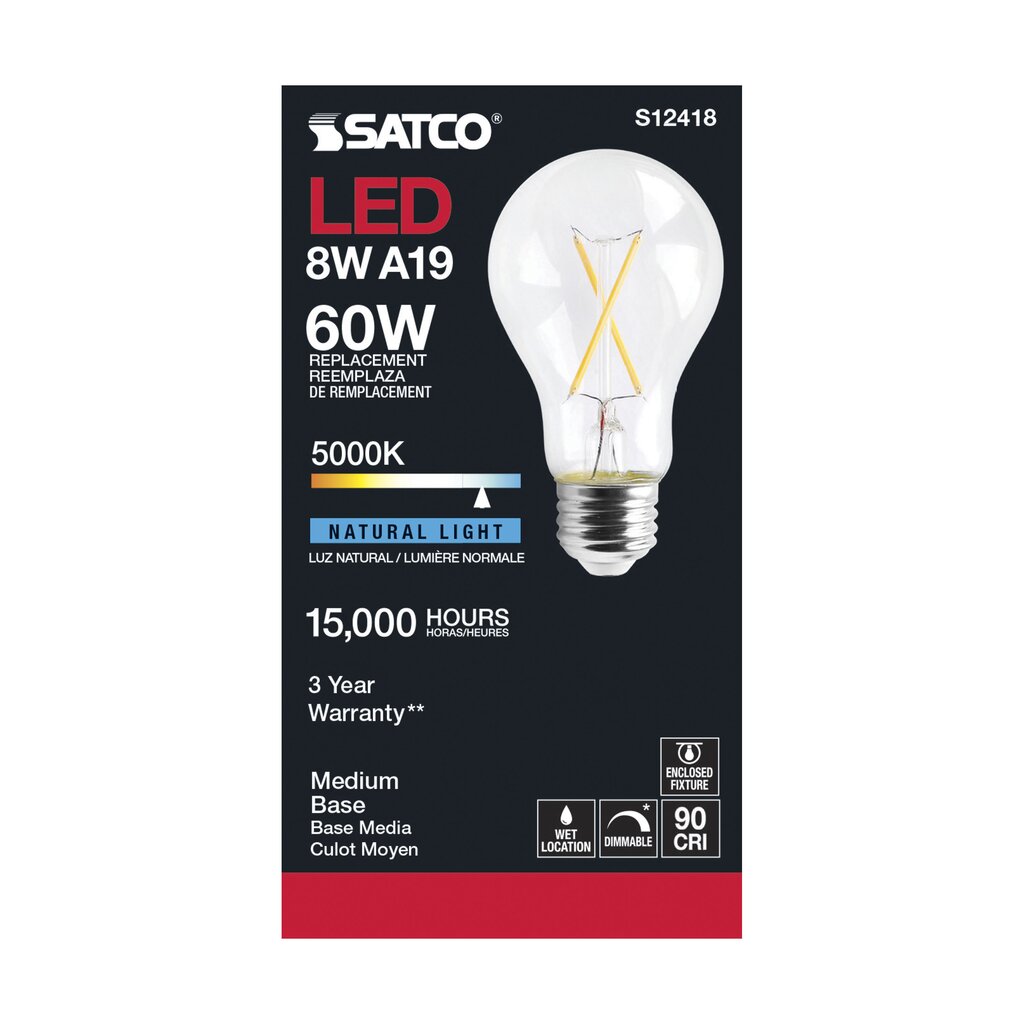 6 pack - Satco S12418 8W A19 5000K LED Light Bulb